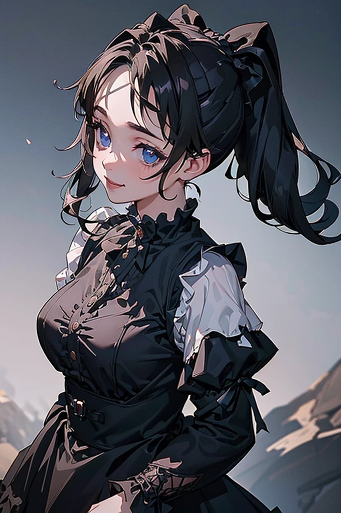 (((beautiful))), (((Gothic costume, Gothic and Lolita, frilled))), ((Black Hair, ponytail)), One Woman, Large Breasts,, Cleavage, Sweat, Glowing Skin, (((Intricate details))), High resolution, ((Intricate details, Ultra-detailed)), whole body, Are standing, (looking at viewer, look at viewer), Red cheeks, smile, Walking the Streets