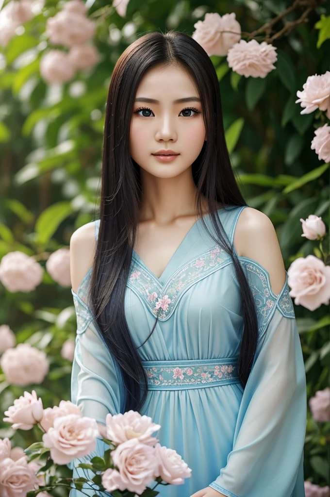 A beautiful Thai-Chinese woman with sharp eyes, detailed face, detailed blue eyes, long hair, aged 25. She is in graceful poses with a quiet expression, featuring soft curves and shapes. The image uses pastel colors and includes flowers that match the theme, making the picture look complete and interesting. The overall atmosphere is serene and elegant.