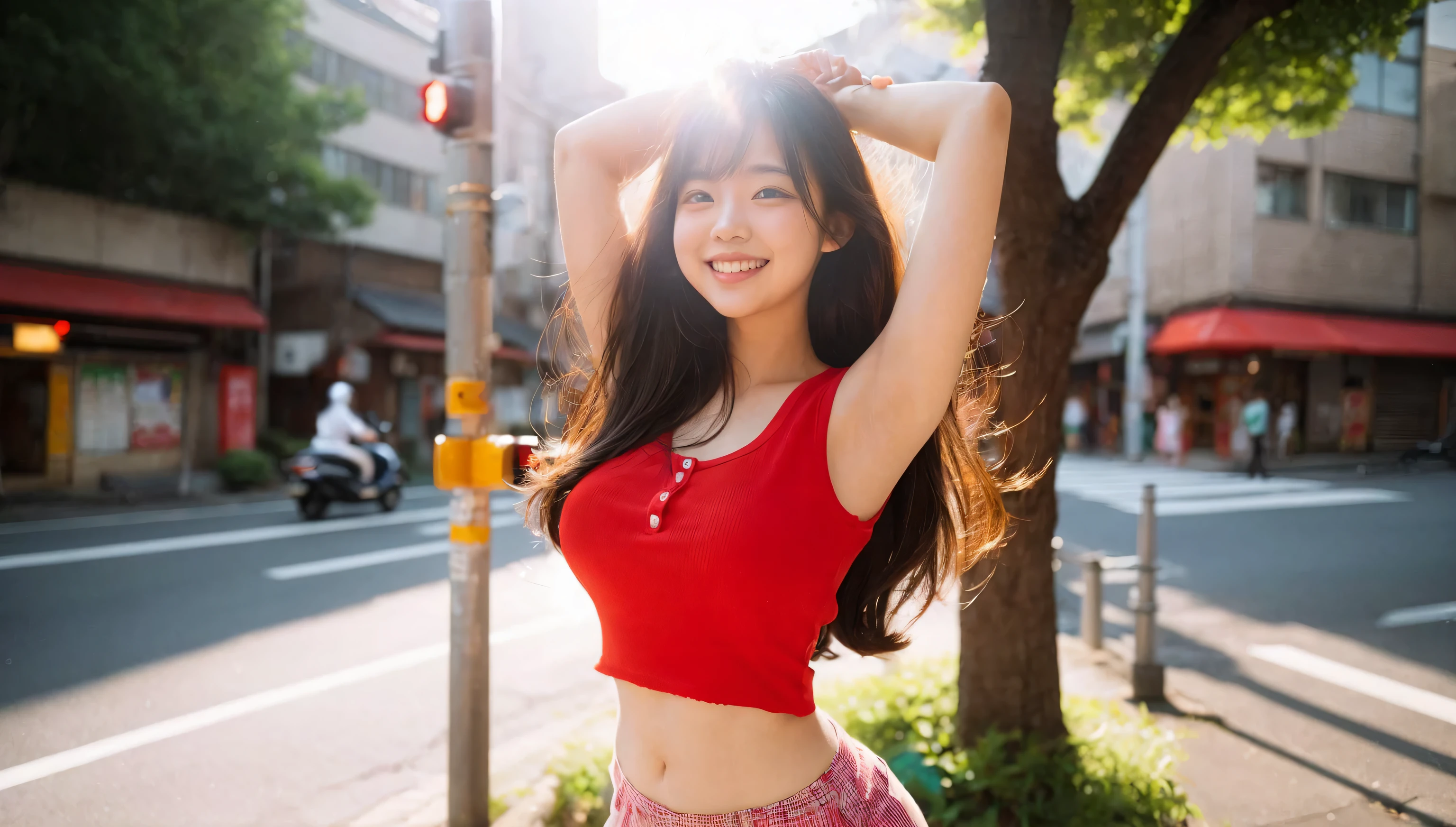 A japanese girl (slightly overweight) in a bright red, sleeveless shirt, left open, poses joyfully on a sunny street. She is standing near a tree and raising her arms above her head, allowing the sunlight to filter through her hair, creating a radiant effect. Her long, dark hair cascades down, partially obscuring her face, which beams with a vibrant smile. The street scene in the background includes buildings, a traffic light, and a person on a scooter.