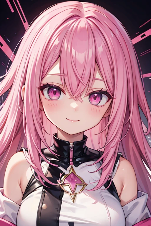 pink hair, pink eyes, penetrant look, smile