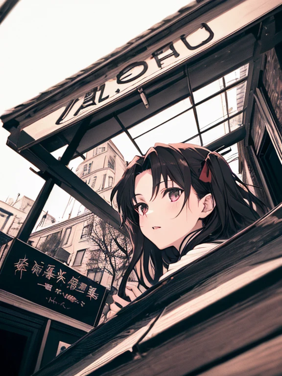 (Low Angle Shot:1.5), (The background is a cafe), Tohsaka Rin, (masterpiece), highest quality, 1girl, uhd, retina, masterpiece, ccurate, anatomically correct, textured skin, super detail, high details, high quality, best quality, highres, 4K