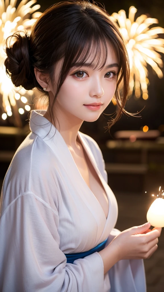 night, RAW Photos, (((Very beautiful portrait))), (Very beautiful portrait))), 1 girl, 25 year old girl, ((Natural brown updo)), [Brown eyes],A gentle smile looking at the camera(Cleavage), ((masterpiece, 最high quality, Super detailed, Cinema Lighting, Intricate details, High resolution, 8k, Very detailed)), Detailed Background, 8k UHD, Digital SLR, Soft lighting, high quality, Film Grain, Fujifilm XT3, Shallow depth of field, Natural light, Perfect Face、firework、yukata