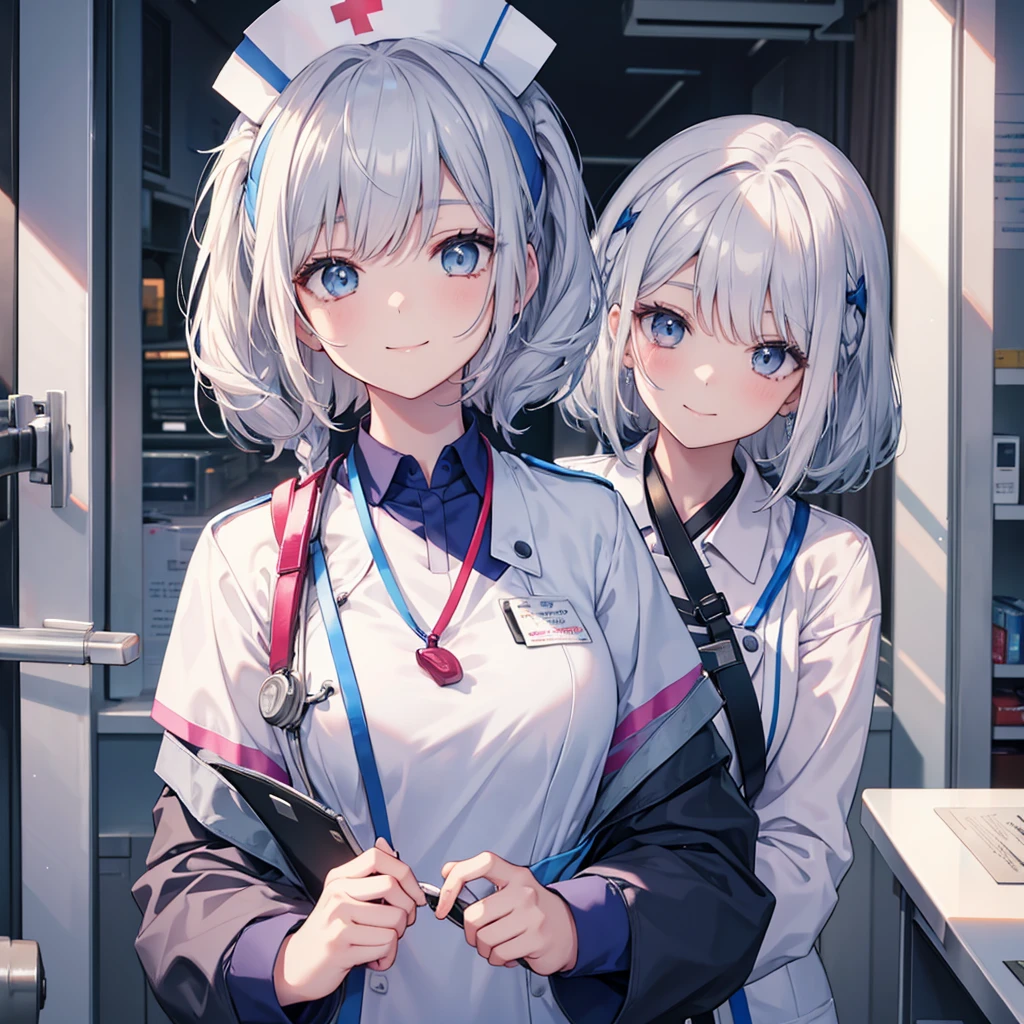 A nurse aide without a nurse cap, nothing on her head , 1girl, solo,blue or white scrubs,Facing forward,silver hair ,smiling, and attending to a patient.