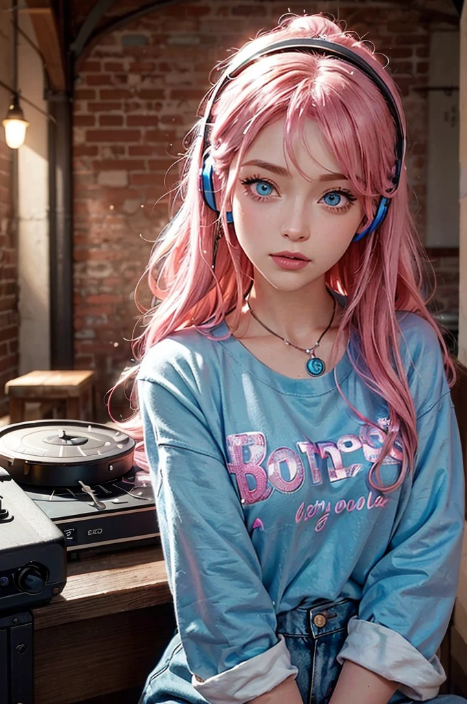 A beautiful young woman with vibrant pink hair and striking blue eyes, 1girl, highly detailed face, beautiful detailed eyes, beautiful detailed lips, extremely detailed eyes and face, long eyelashes, cute style, Disney Pixar character, Anna, pink hair, blue eyes, wearing a cool, casual outfit: a vintage band t-shirt, ripped jeans, and chunky sneakers. She has a pair of sleek headphones around her neck and is adjusting the mixer with a focused expression, whimsical, colorful, soft lighting, cinematic, photorealistic, 8K, highest quality. Standing behind a small DJ setup, at a trendy, dimly lit café with exposed brick walls and cozy seating.