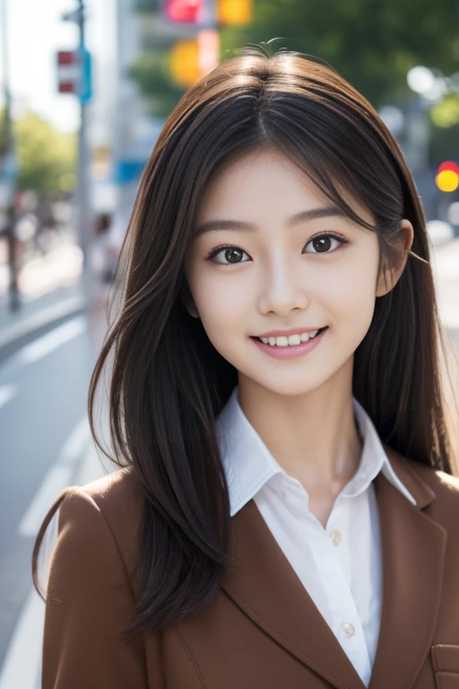 (Cute 15 year old Japanese))、on the road、Highly detailed face、Pay attention to the details、double eyelid、Beautiful thin nose、Sharp focus:1.2、Beautiful woman:1.4、Cute Hairstyles、Pure white skin、Highest quality、masterpiece、Ultra-high resolution、(Realistic:1.4)、Highly detailed and professional lighting、nice smile、Japanese school girl uniform