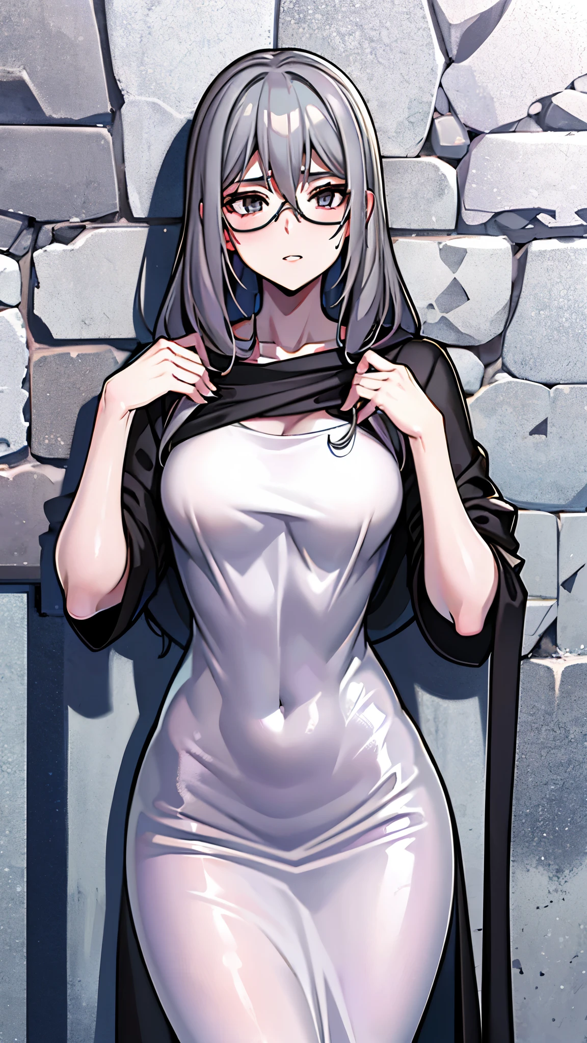 A slim 19-year-old girl with long lavender hair, silver-gray eyes and wears stylish black glasses. her skin is snow white and smooth.