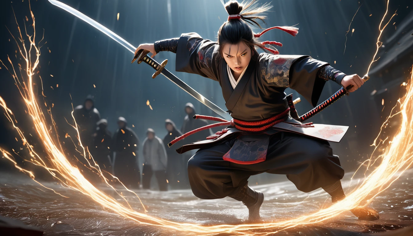 Realistic photos, RAW Photos, the samurai, shining sword, attacks viewer, Powerful movements, jump on prey, ((Dynamic jump)), 
samurai approaching from above, sudden approach, Bad-tempered, dynamic Shot from grand, lightning magic,High resolution, masterpiece, Highest quality, Intricate details, Very detailed, Clear focus,texture, Delicate eyes, Professional, 4K,Shallow and deep, Kodak Vision Color, Exactly, Very detailed, photograph_\(Extremist\), photographpractical, practical, Post-processing, Maximum details, Roughness, Real Life, Extremist practical, Photorealism, photographgraphy, 8K Ultra HD, photographgraphy