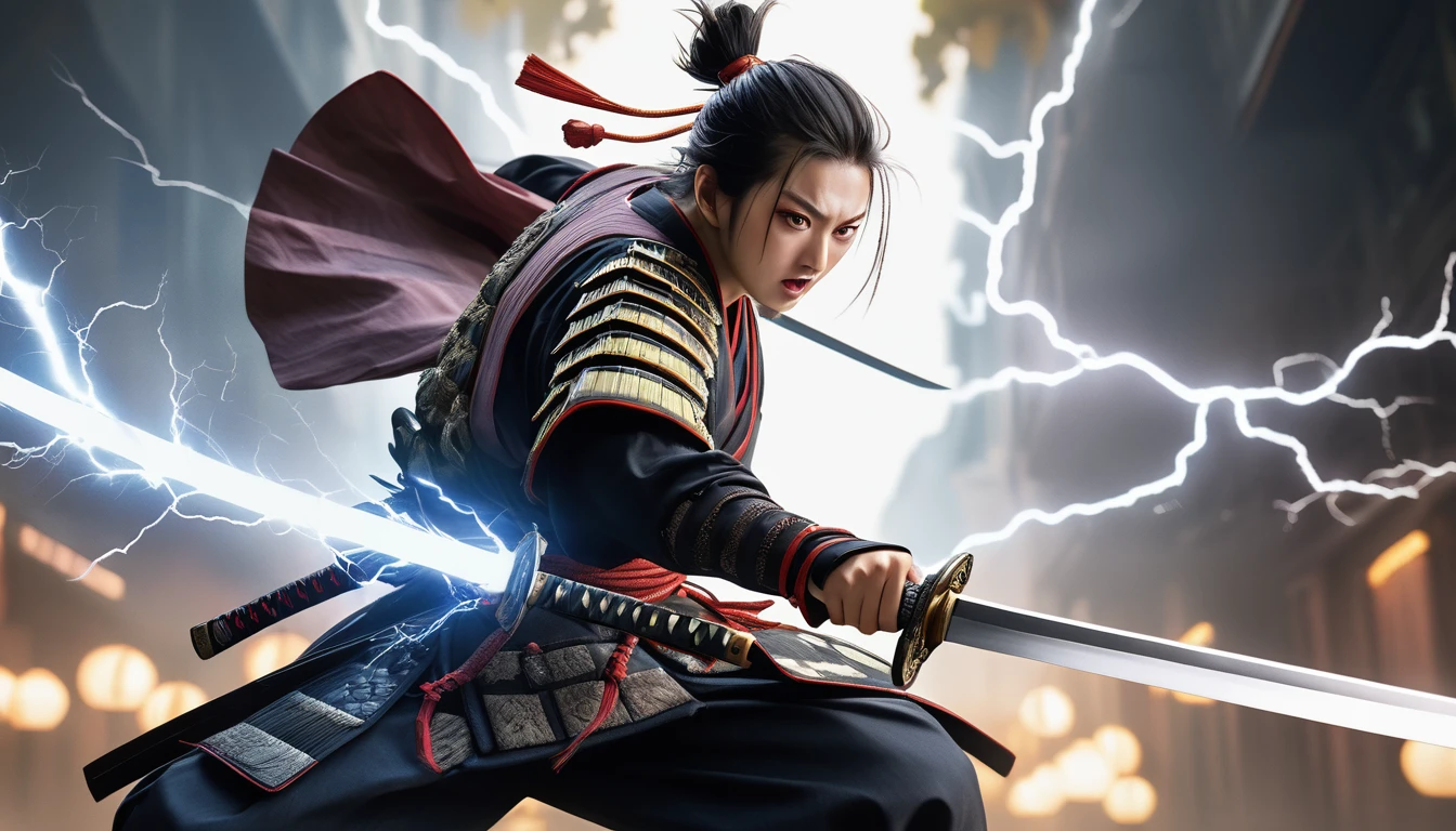 Realistic photos, RAW Photos, the samurai, shining sword, attacks viewer, Powerful movements, jump on prey, ((Dynamic jump)),
samurai approaching from above, sudden approach, Bad-tempered, dynamic Shot from grand, lightning magic,High resolution, masterpiece, Highest quality, Intricate details, Very detailed, Clear focus,texture, Delicate eyes, Professional, 4K,Shallow and deep, Kodak Vision Color, Exactly, Very detailed, photograph_\(Extremist\), photographpractical, practical, Post-processing, Maximum details, Roughness, Real Life, Extremist practical, Photorealism, photographgraphy, 8K Ultra HD, photographgraphy