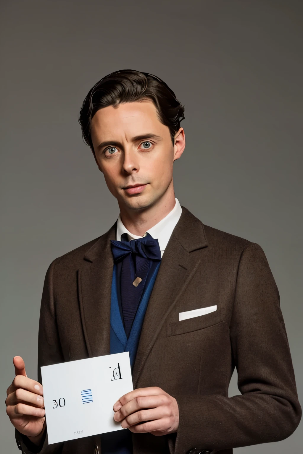 New Haven, 2024. A young ((((37-year-old)) Matthew Goode)), holding a card, ((((clothings from the 2020s)))), ((hairstyle of the 2020s))