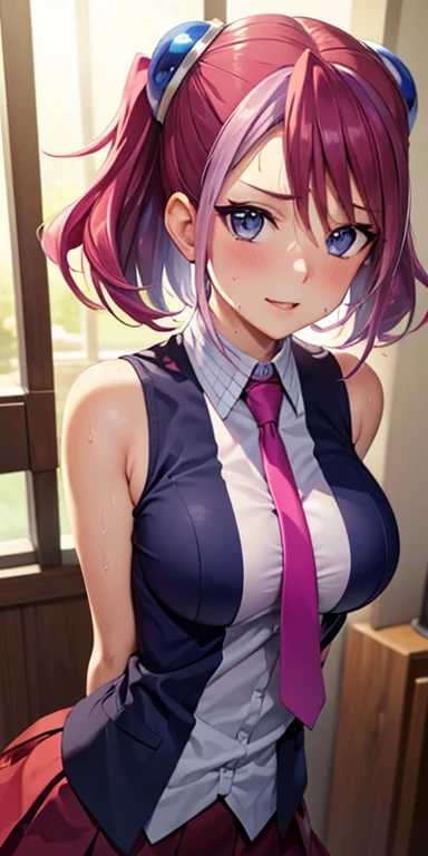 1 Female,High definition,high resolution,Ultra-realistic,8K, hy1, hair ornament, multicolored hair, necktie, skirt, sleeveless, , pink skirt, tight skirt,miniskirt, jewelry,European,sexy,Upper body close-up,Photographed from the front,Dynamic Angles,blush, medium tits , happy, wink the eye,facial, sweat,multicolored hair 