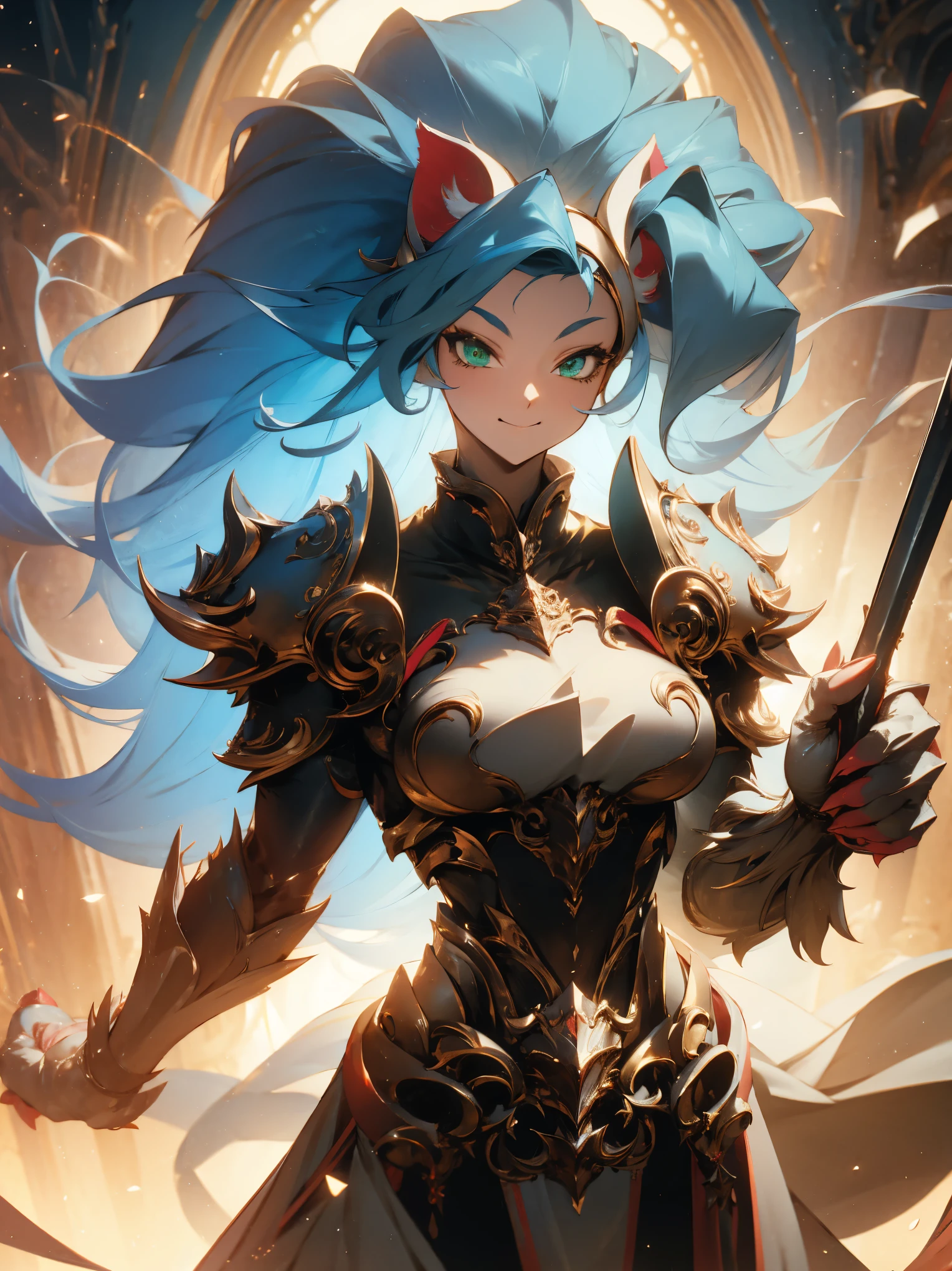 ((Masterpiece, Best Quality, anime style)), Felicia, Blue hair, Green eyes, cat eyes, Cat tail, busty, big breasts, big ass, happy, smile, kicking, giving a kick, sexy white plate armor, gauntlets armors, graves armors, lewd, in a medieval city, illustration, ultra-detailed 8K, clear focus, highly detailed, professional lighting, colorful details, colors BREAK,