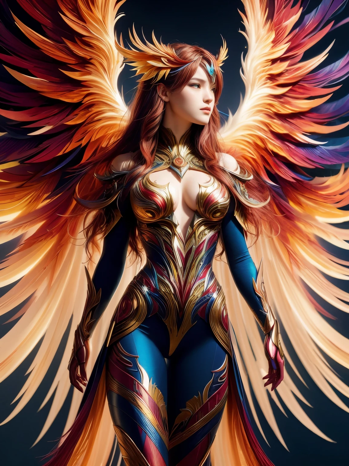 (high quality), (masterpiece), (detailed), 8K, Hyper-realistic illustration of (Japanese girl1.2) wearing (phoenix attire1.3), showcasing intricate (feathered patterns1.2) and (vibrant colors1.2). (Long flowing hair1.2) and (detailed facial features1.2) are emphasized, with (soft focus1.2) on the background to highlight the (majestic phoenix design1.3) on her attire. In style of Takashi Takeuchi, trending on Artstation.