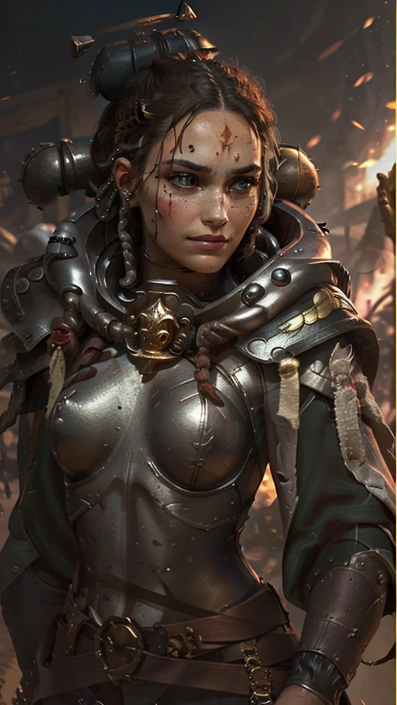 Photo of adepta sororitas, argent shroud, full armor, full metal armor, Christina Chong beautiful face, narrowed eyes. smirk. black braided hair with narrowed eyes, wearing intricate ornamented metal armor, stern face,, solo, (female:1.2), epic, platinum white armor, white pelvic curtain, bronze trimmings, , facial scar, iron halo, ((upper body:1.3)) focus, close-up, banner background,