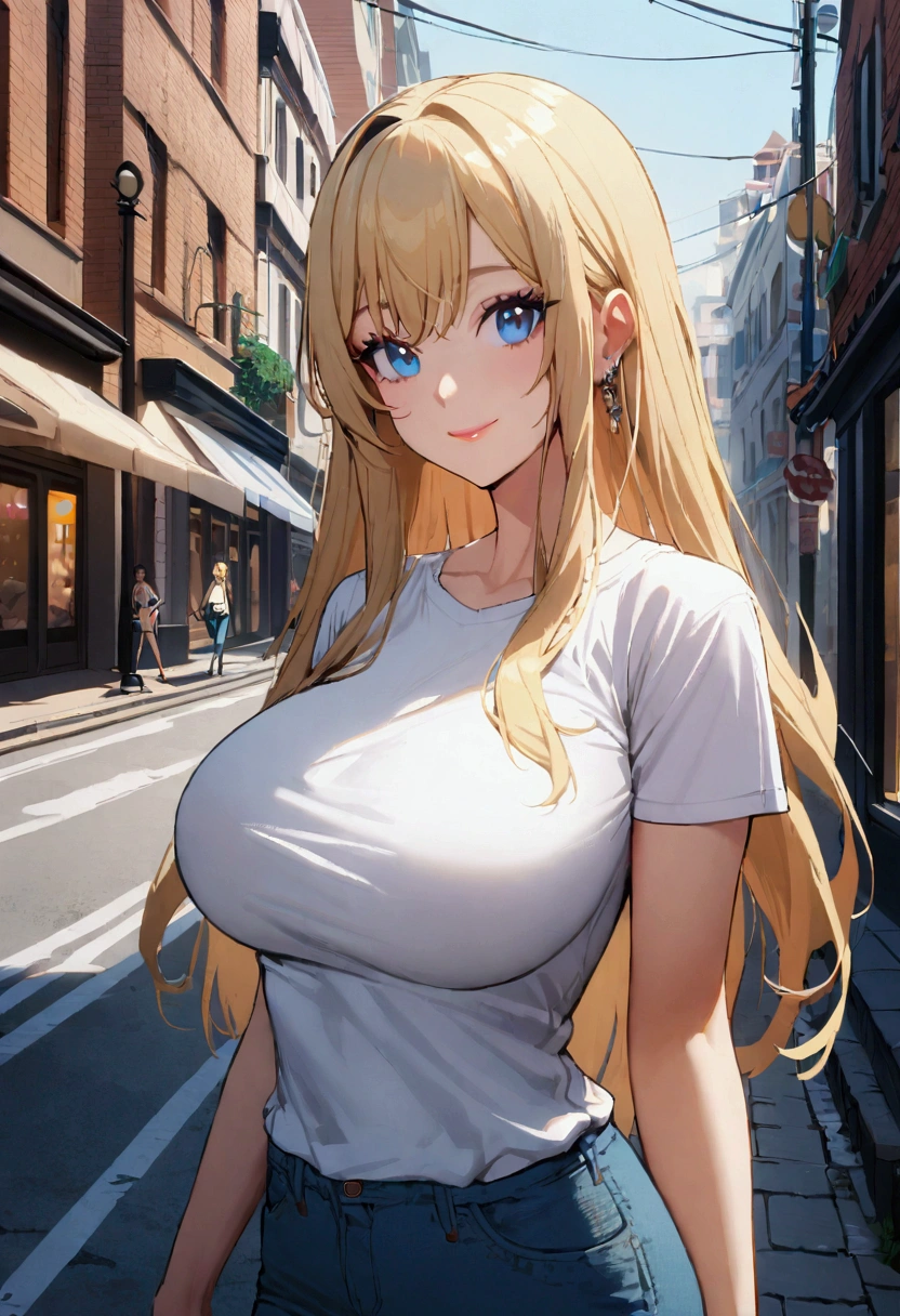 1girl with long blonde hair, blue eyes, smile, big breasts, white t shirt and jeans, street