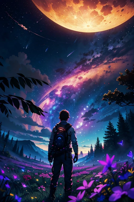 expansive landscape photograph , (a view from below that shows sky above and open field below), a boy standing on flower field looking up, (full moon:1.2), ( shooting stars:0.9), (nebula:1.3), distant mountain, tree BREAK
production art, (warm light source:1.2), (Firefly:1.2), lamp, lot of purple and orange, intricate details, volumetric lighting BREAK
(masterpiece:1.2), (best quality), 4k, ultra-detailed, (dynamic composition:1.4), highly detailed, colorful details,( iridescent colors:1.2), (glowing lighting, atmospheric lighting), dreamy, magical, (solo:1.2)