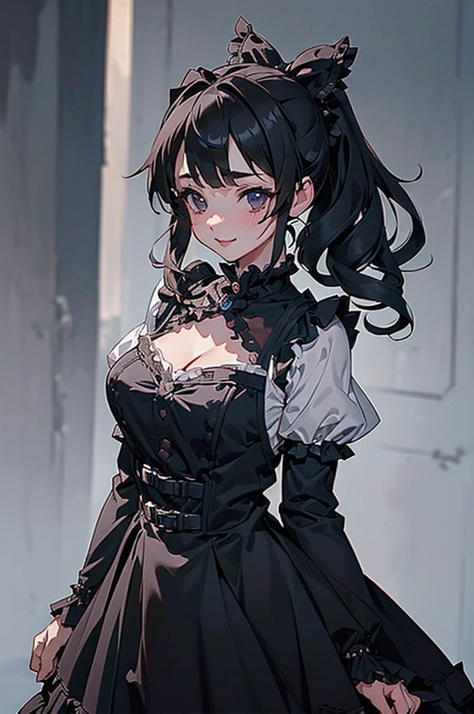 (((beautiful))), (((Gothic costume, Gothic and ta, micro mini Sheath dress, frilled))), ((Black Hair, ponytail)), One Woman, Large Breasts,, Cleavage, Sweat, Glowing Skin, (((Intricate details))), High resolution, ((Intricate details, Ultra-detailed)), whole body, Are standing, (looking at viewer, look at viewer), Red cheeks, smile, Walking the Streets