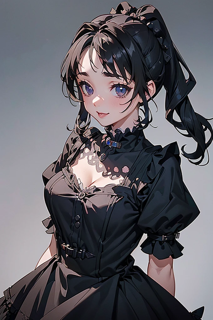(((beautiful))), (((Gothic costume, Gothic and Lolita, micro mini Sheath dress, frilled))), ((Black Hair, ponytail)), One Woman, Large Breasts,, Cleavage, Sweat, Glowing Skin, (((Intricate details))), High resolution, ((Intricate details, Ultra-detailed)), whole body, Are standing, (looking at viewer, look at viewer), Red cheeks, smile, Walking the Streets