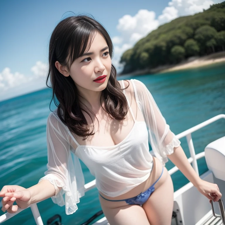 Full nudity、Gray background、pubic hair、Large Breasts、Thighs、Red lipstick、(((Glaring)))、Curly Hair、Hair tousled by the wind、White sheer panties、Cute woman、Floral Panties、Hands raised、The clear blue sea、Sandy Beach、coastal、On the boat、Looking up、