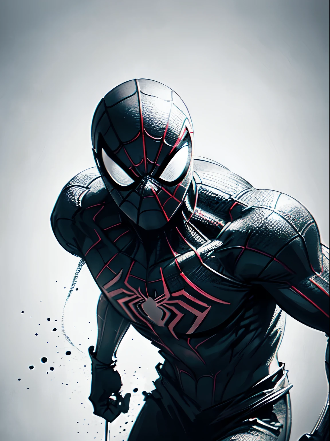 Spiderman masterpiece, por Aase Berg, high contrast black and white, ((((black andwhite)))), Japanese theme, hyperdetailed, ultra quality, 4K, complex lighting, Bright dark, white background with one color paint stains, drawing line made with 0.Caneta Rottring 5mm