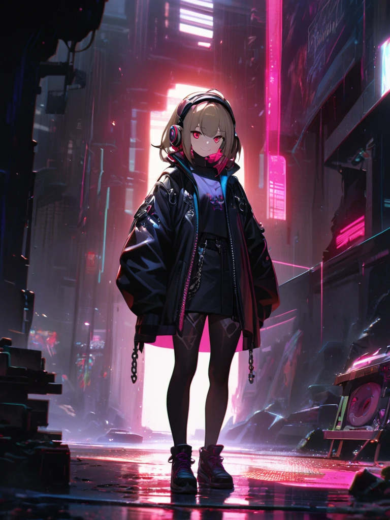 1 girl, chromatic aberration, Written boundary depth, Soft Light, masterpiece, Highest quality, complicated, Tone Mapping, Very detailed, Art Station, Concept Art, Smooth, Clear focus, Dramatic lighting, Very detailed artwork, movie, super practical painting, Art Station's trending, 8k, Incredible Shadows, practical, (Very detailed background:1.0), whole body, View, Viewers, Very detailed portrait of one girl 1, standing on street corner, Heavy rain and lightning、Dark Sky, neon and cyber punk background, she is dressed in punk clothing with silver chains and silver spikes, Her hair was dyed light brown........，The middle part is black, She wears headphones, Detailed red eyes with clear pupils, Ominous aura of light, smile, punk, Cyber Rock, Backlight.Fashionable clothes、No knowledge of horses&#39;tail、Dress code: Denim Outfit,Her hair is tied up cutely.