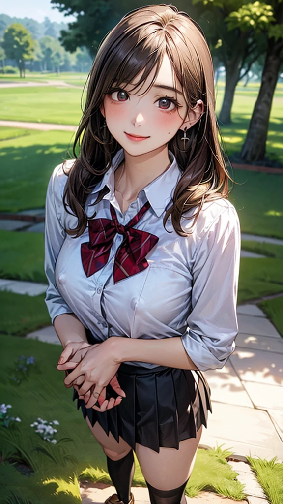 (masterpiece:1.2, top-quality), (realistic, photorealistic:1.4), beautiful illustration, (natural side lighting, movie lighting), 
looking at viewer, cowboy shot, front view:0.6, 1 girl, japanese, high school girl, perfect face, cute and symmetrical face, shiny skin, 
(long hair:1.8, straight hair:1.7, light brown hair), parted bangs, emerald green eyes, long eye lasher, (large breasts:0.9, thick thighs), 
beautiful hair, beautiful face, beautiful detailed eyes, beautiful clavicle, beautiful body, beautiful chest, beautiful thigh, beautiful legs, beautiful fingers, 
((, white collared shirts, black pleated mini skirt, black socks, brown loafers, red bow tie)), break, hoop ring earrings, pink panties, dark blue school bag, violet cardigan, break,
(beautiful scenery), evening, riverside, walking, hands on chest, (lovely smile, upper eyes), A masterpiece, top quality, highest definition, 32K, one big dog, one beautiful woman. Platinum blonde, In the grass of a meadow, a girl stands, slightly, legs open. A complete body. Complete hands and legs. Thin waist.

Her face, bright red, flush and shy.
You can see her nipples standing out, even through her shirt. Her breasts are so large that you can see them even through the top of her shirt. （The skirt is shorter than normal, but it is a very short mini-pleated skirt that almost reveals her panties.)The girl has brown hair.


(The skirt is extremely short.)(A woman 

grassy field. A woman is carrying a large dog on her back.) A complete body. Perfect hands and legs.

Her face, bright red, flush and shy.
Her large breasts and nipples are standing out, even through the top of her shirt. （The skirt is shorter than normal, but even shorter, so short that you can almost see her panties.)The girl has brown hair.

(The skirt is extremely short.) The girl's hair is brown.