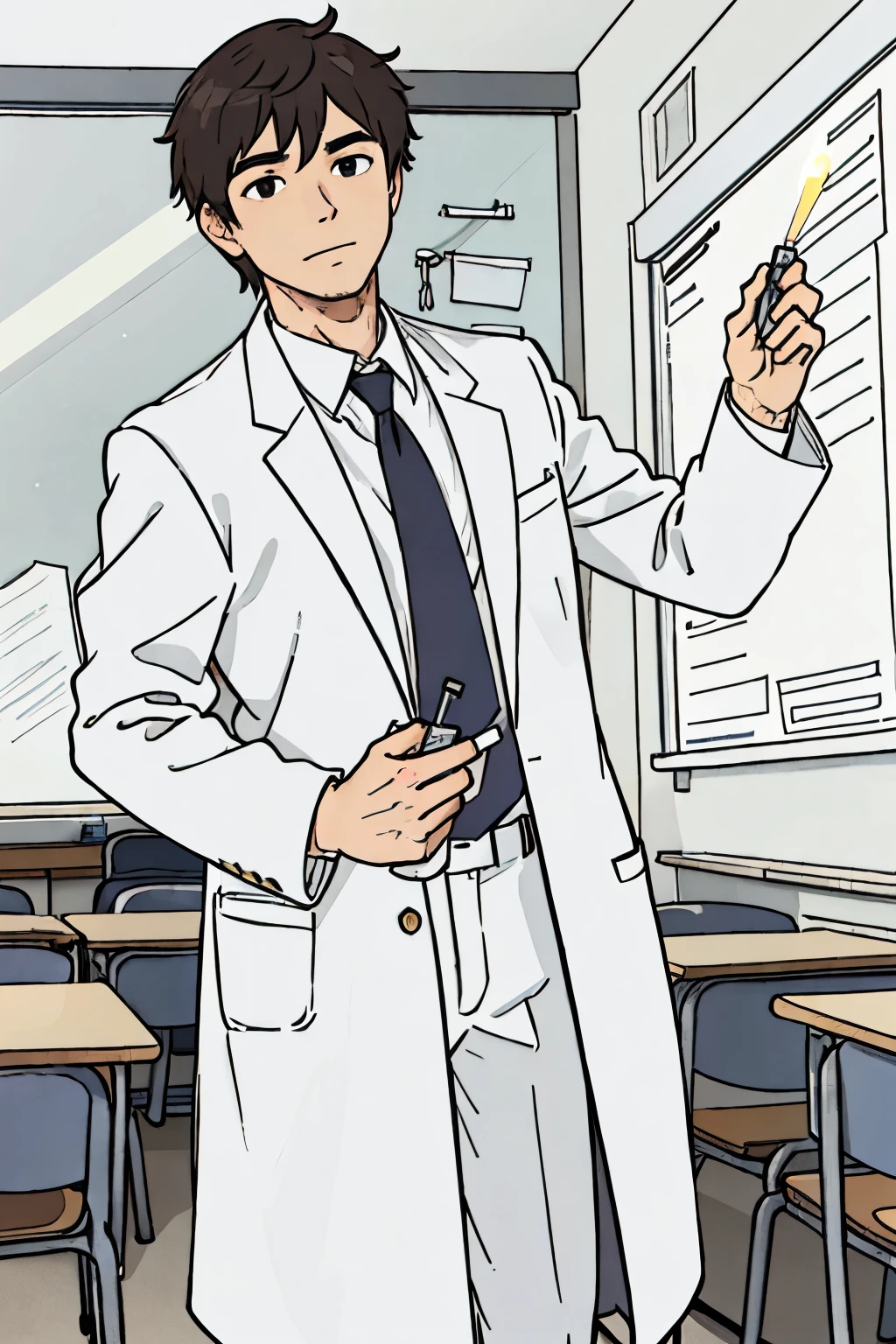 male teacher in a white coat in the classroom with his students with a lighter in his hand 