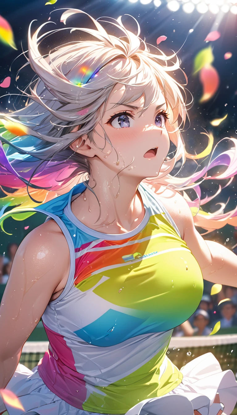 (Sports magazine cover photo), Highest quality, Great quality, 16K, Unbelievably absurd, Very detailed, delicate and dynamic, Natural light, The particles reflect light, Diffuse reflection of light, Many rainbow-colored petals fall, Beautiful field, Sparkling Sun, Diffuse reflection of light, Create amazing image effects, , Wet, sweating, Tennis, receive, Close-up(Cute sexy girl, big bouncing busts, Sensual expression, Cool girl, Serious, passion, Dynamic, Flashy tennis wear, ,audience , much-air-laden cheer)