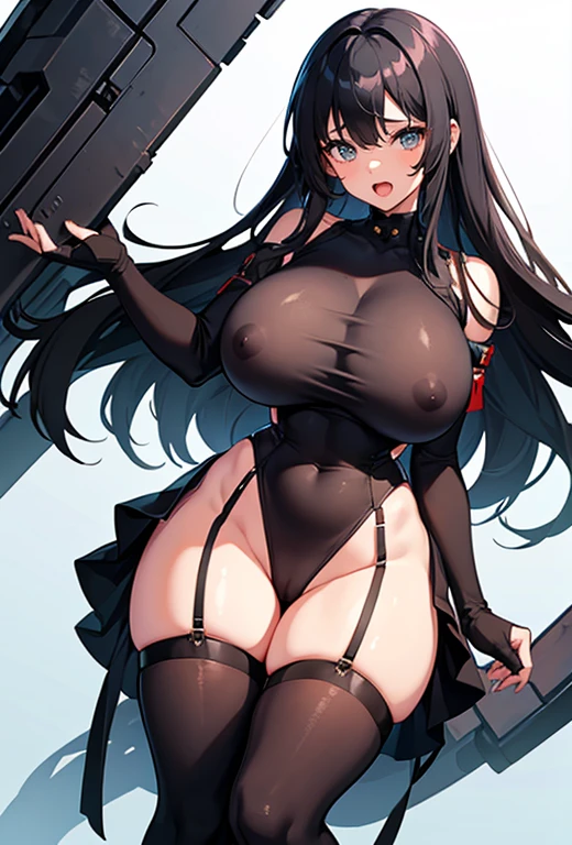Young girl, Pullover, naked, nude, nipple pasties, very short skirt, school skirt, whole body to see, open mouth, smile , scream, long hair , straight hair, (( very wide hips)), (((colossal Thighs, gigantic thighs, very huge thighs, very big thighs))), fullbody, platform heels, tanned , brown skin, small breast, gun, cyberpunk, soldier girl , black hair, leg garter, standing, front pose,