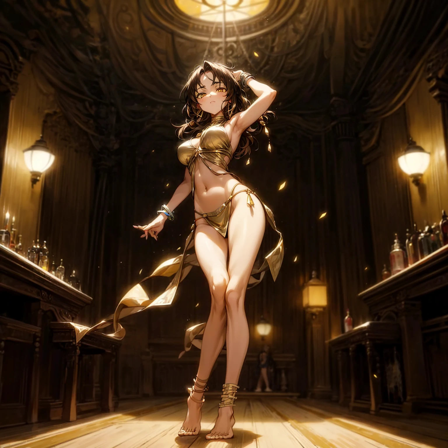 Solo character, full body version, girl, brown hair, long Curly haircut, yellow eyes, hoop earrings, gold bracelets, Belly dance clothing, no shoes, no shock, indoor room bar, people, silhouettes, (Hunter x Hunter style art), standing gesture, Big breasts, close eyes 