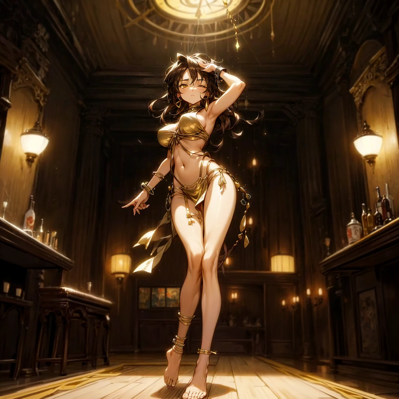 Solo character, full body version, girl, brown hair, long Curly haircut, yellow eyes, hoop earrings, gold bracelets, Belly dance clothing, no shoes, no shock, indoor room bar, people, silhouettes, (Hunter x Hunter style art), standing gesture, Big breasts, close eyes 