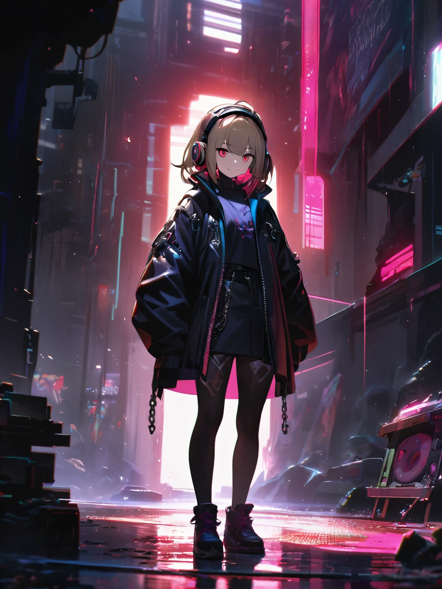 1 girl, chromatic aberration, Written boundary depth, Soft Light, masterpiece, Highest quality, complicated, Tone Mapping, Very detailed, Art Station, Concept Art, Smooth, Clear focus, Dramatic lighting, Very detailed artwork, movie, super practical painting, Art Station's trending, 8k, Incredible Shadows, practical, (Very detailed background:1.0), whole body, View, Viewers, Very detailed portrait of one girl 1, standing on street corner, Heavy rain and lightning、Dark Sky, neon and cyber punk background, she is dressed in punk clothing with silver chains and silver spikes, Her hair was dyed light brown........,The middle part is black, She wears headphones, Detailed red eyes with clear pupils, Ominous aura of light, smile, punk, Cyber Rock, Backlight.Fashionable clothes、No knowledge of horses'tail、Dress code: Denim Outfit,Her hair is tied up cutely.