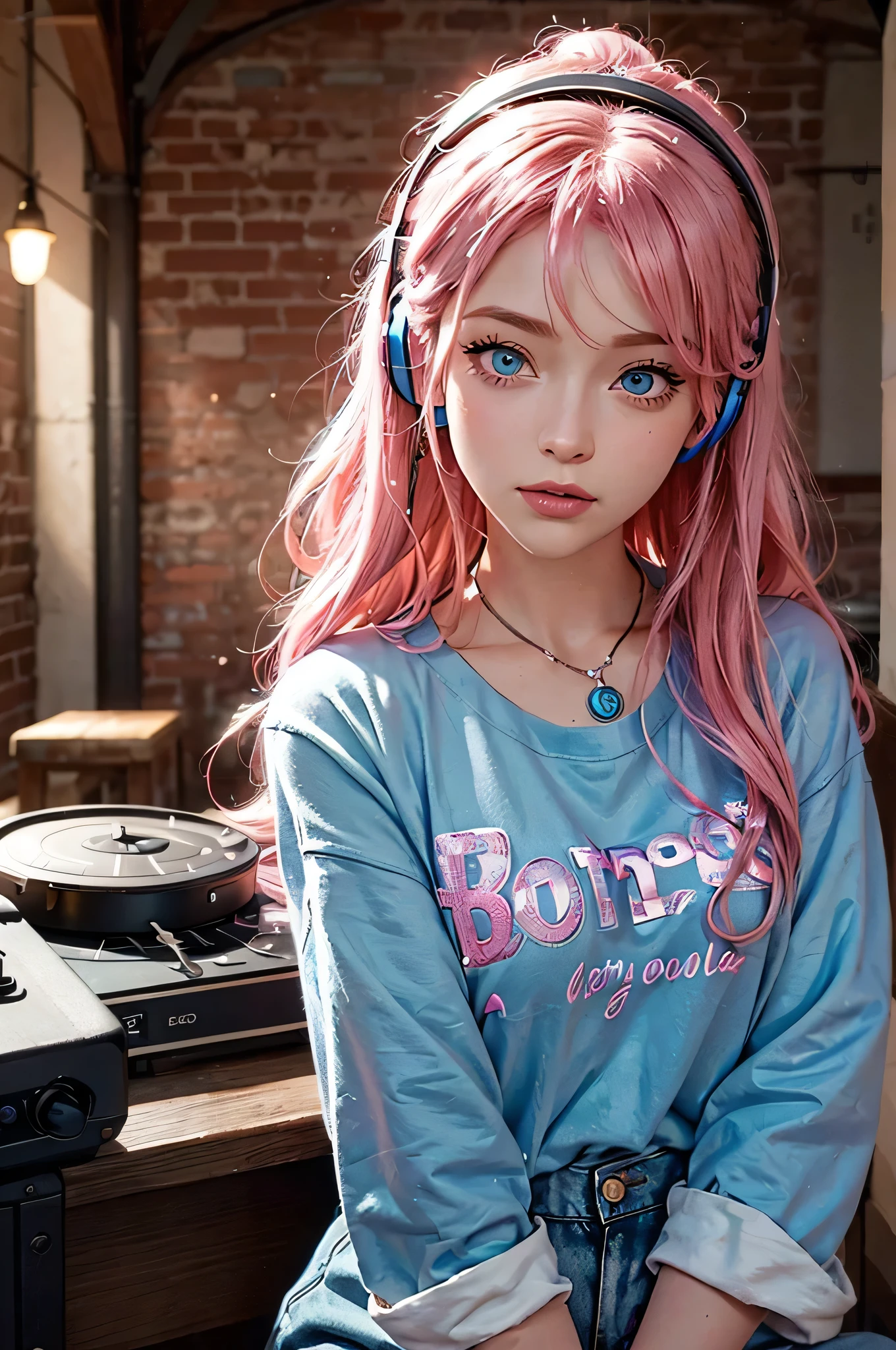 A beautiful young woman with vibrant pink hair and striking blue eyes, 1girl, highly detailed face, beautiful detailed eyes, beautiful detailed lips, extremely detailed eyes and face, long eyelashes, cute style, Disney Pixar character, Anna, pink hair, blue eyes, wearing a cool, casual outfit: a vintage band t-shirt, ripped jeans, and chunky sneakers. She has a pair of sleek headphones around her neck and is adjusting the mixer with a focused expression, whimsical, colorful, soft lighting, cinematic, photorealistic, 8K, highest quality. Standing behind a small DJ setup, at a trendy, dimly lit café with exposed brick walls and cozy seating.