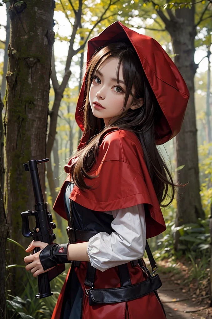 Hold a hunting gun Little Red Riding Hood