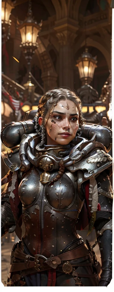 Photo of adepta sororitas, argent shroud, full armor, full metal armor, Christina Chong beautiful face, narrowed eyes. smirk. black braided hair with narrowed eyes, wearing intricate ornamented metal armor, stern face,, solo, (female:1.2), epic, platinum white armor, white pelvic curtain, bronze trimmings, , facial scar, iron halo, ((upper body:1.3)) focus, close-up, banner background,
