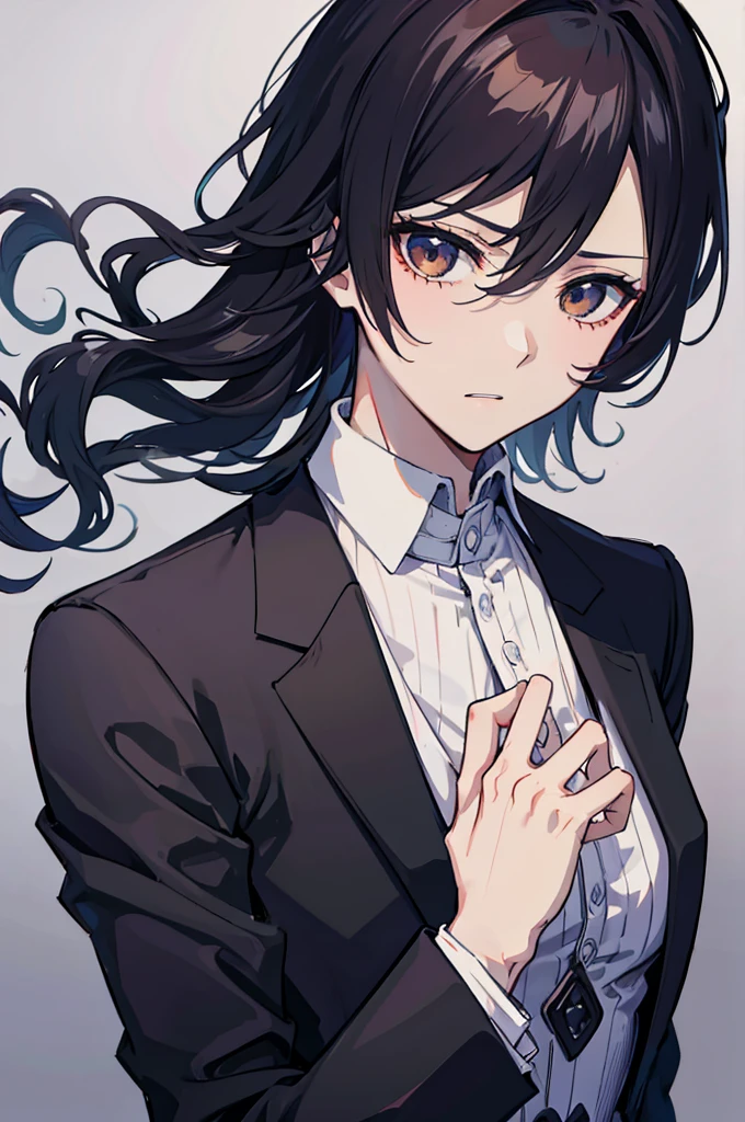 초상화, Face_through_torso, arcanepunk, ((남성)), Gentleman, Black short Seaweed Hair, wavy_hair, hair_between_eyes, brown_eyes, scornful_face, nervous butler, 모노클, Butler's suit, wearing white cotton gloves on one's hand, braces one-handed tie, Fingers are more detailed