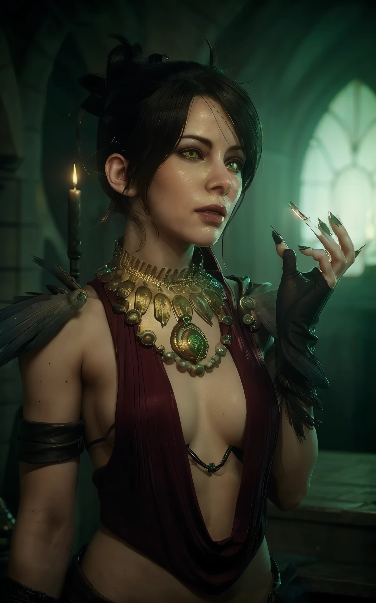 (masterpiece, best quality) realistic version of
MorriganDA, face of (Kate Beckinsale:Evangeline Lilly) 1girl, solo,, looking at viewer, short hair, black hair, gloves, jewelry, yellow eyes, small , fingerless gloves, necklace, hair bun, nail polish, bracelet, lips, fingernails, makeup, glowing, single hair bun, feathers, lipstick, staff, pale skin, black nails, armlet, long fingernails, realistic, nose, magic