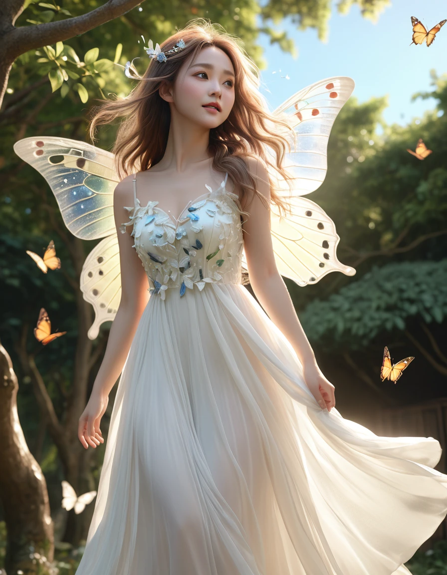 Fairy flying out of the tree、Butterfly Wings、White sheer dress、Dress with hair fluttering in the wind、Low angle shot、(Highest quality、4K、8k、High resolution、masterpiece:1.2)、Super detailed、(Real、Photorealistic、Photorealistic:1.37)、Detailed fairy、詳細なButterfly Wings、Detailed sheer dress、Detailed flying poses、Detailed windblown hair、Detailed low angle perspective、Fantasy、magical realism、Ethereal、Shine、Warm lighting、Bright colors