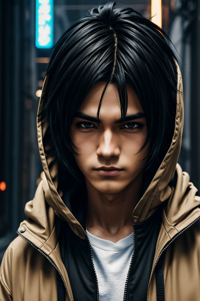 anime style boy icon, black hair color with aestetic booklet hairstyle, brown eye color, hooded with cyberpunk style clothing and cold look 
