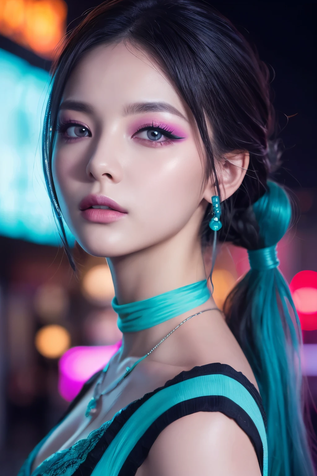 high quality, real、High resolution, Realistic、8k、masterpiece, detailed.impressive, Cutting-edge female photography portraits, Looking at the camera、Facing forward、cyan, and purple, Her vibrant makeup really catches the eye.. Her colorful hair is tied up high, Neon Town