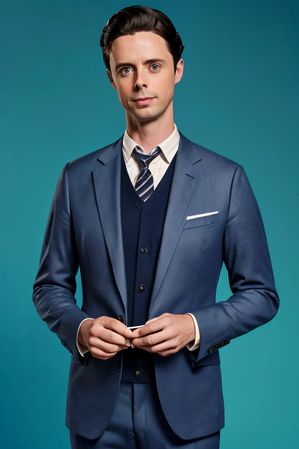 New Haven, 2024. A young ((((37-year-old)) Matthew Goode)), holding a game card, ((((clothings from the 2020s)))), ((hairstyle of the 2020s))