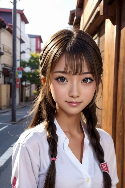 (Cute 15 year old Japanese))、on the road、Highly detailed face、Pay attention to the details、double eyelid、Beautiful thin nose、Sharp focus:1.2、Beautiful woman:1.4、Cute Hairstyles、Pure white skin、Highest quality、masterpiece、Ultra-high resolution、(Realistic:1.4)、Highly detailed and professional lighting、nice smile、Japanese school girl uniform