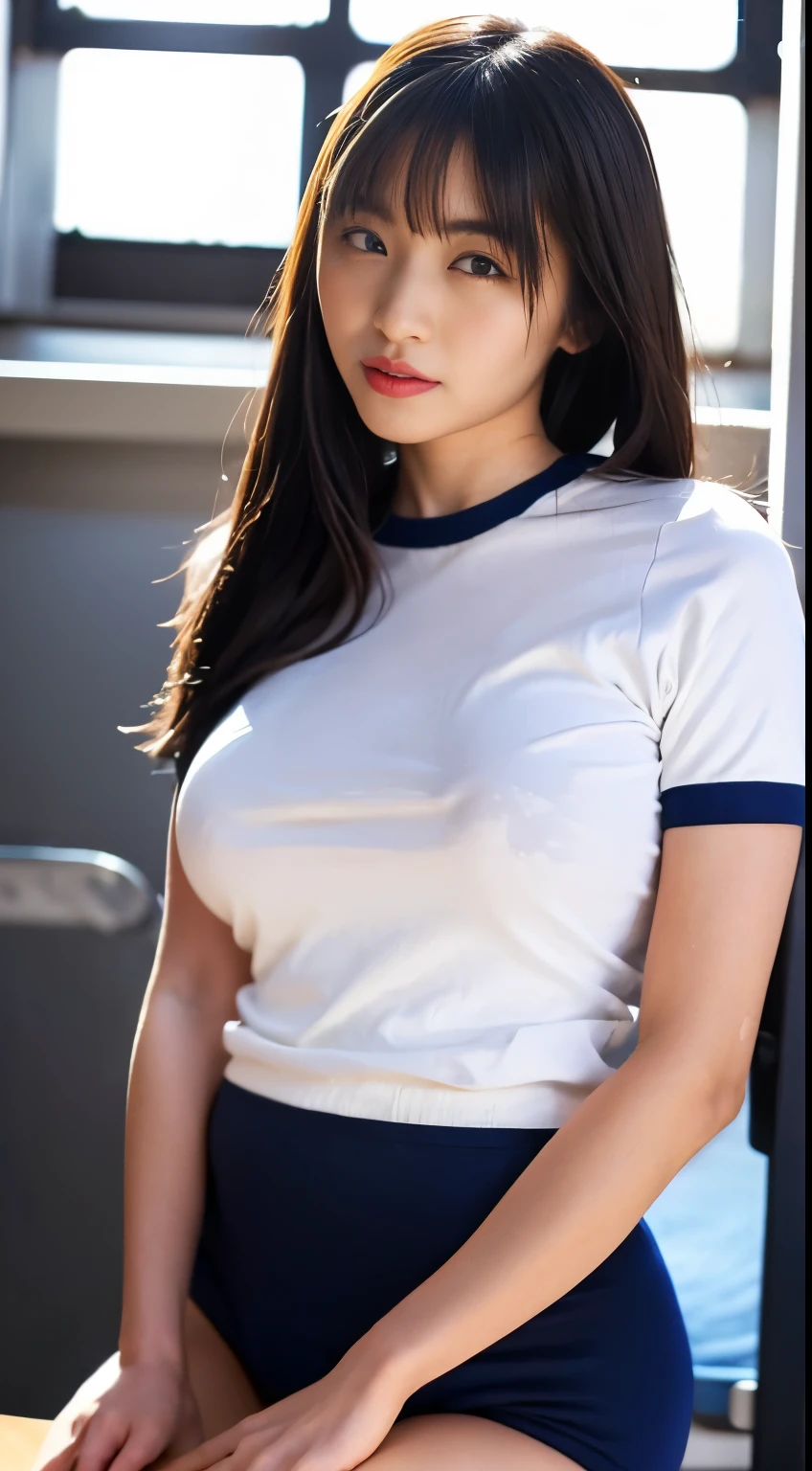 alone、high school girl、White skin、Natural Makeup、Black Hair、bangs、Straight Long Hair、(((White short-sleeved T-shirt on the upper body)))、(((Long white gym clothes)))、(((Very tight bloomerid rise bloomers)))、(((Navy Bloomers)))、(((Tuck the bottom of your gym clothes into your bloomers)))、Big Breasts、Big Ass、(((Schoolyard)))、(((Realistic fingers)))、(((Realistic style)))、((Perfect figure))、(((upright)))