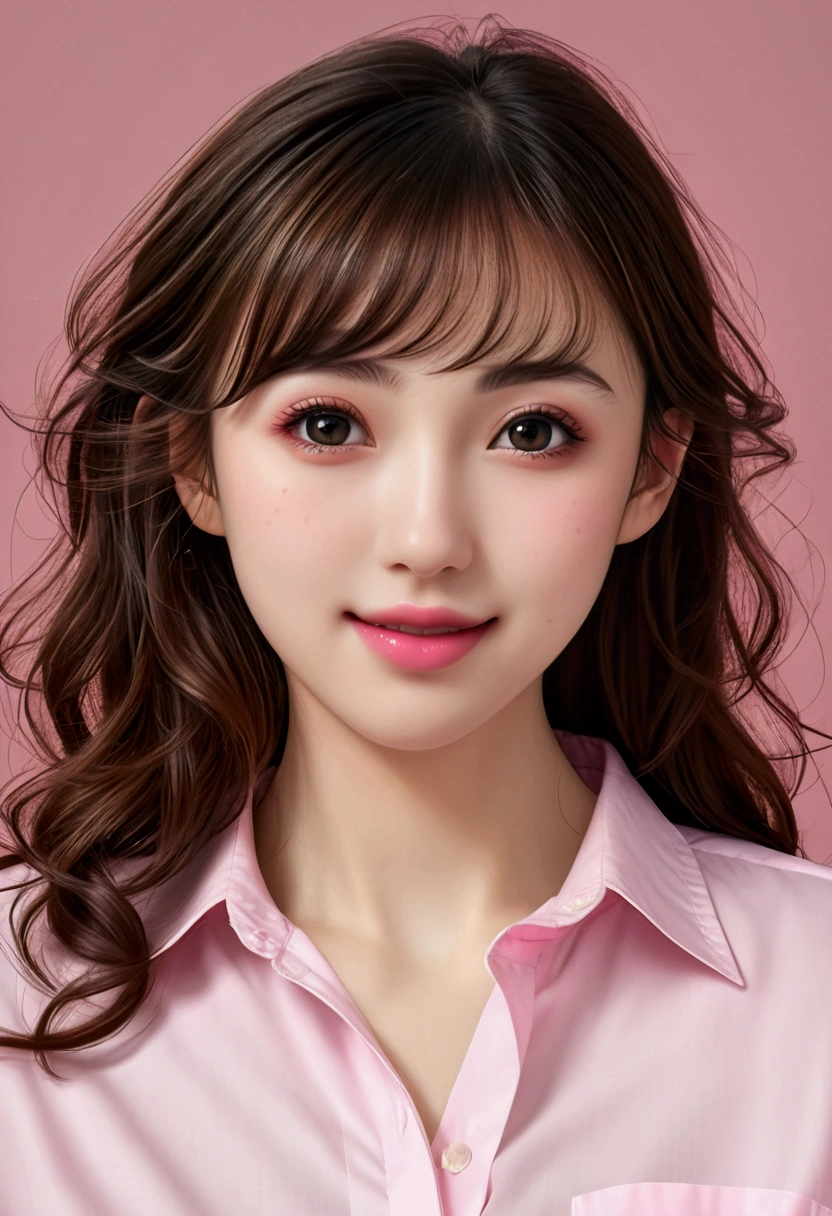 above knee shot, , (Highest quality:1.4), Resolution 32k, (realistic:1.5), (Very realistic:1.5), UHD high resolution, (Masterpiece:1.2), (quality improvement:1.4), 1 woman, Model, 16 years old, face light, soft light, Japanese woman, 0 years old, beautiful woman, action, Gravure, sexy, Smiling softly, ((pink work shirt:1.37)), perfect anatomy, very detailed, (dark eyes), symmetrical eyes, Thin eyelashes, Sharpen your eyebrows, natural makeup, [pink lipstick], ((Excellent eye for quality:1.2)), (tired, Drowsiness and satisfaction:0.0), (beautiful lips:1.33), (The nose is very prominent.:1.2), (Flat chest), (The lower body is slender.), shiny brown hair, Let your bangs grow long., (natural curly hair:1.21), ((realistic)), ((Sharp focus)), (highest resolution), ((The most ridiculous quality)), The fine texture of the collarbone, (Ultra high resolution:1.6), (realistic:1.6), movie light
