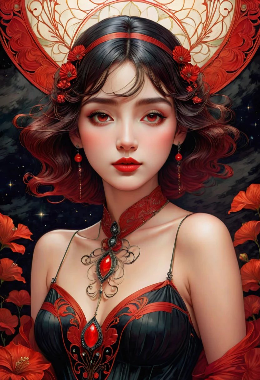 (masterpiece, best quality:1.2), 1 girl, alone,beautiful face,Red Reminimalist Art Nouveau,illustration style,black and red