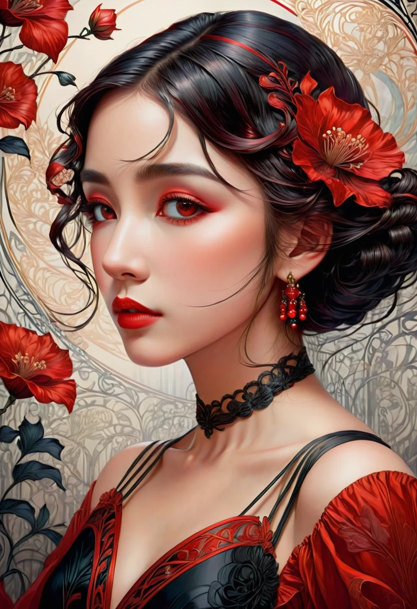 (masterpiece, best quality:1.2), 1 girl, alone,beautiful face，Red Reminimalist Art Nouveau，illustration style，black and red
