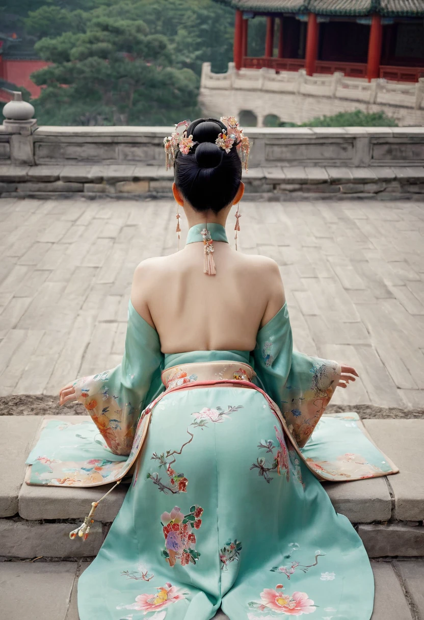 
The image of a Qing Dynasty Empress with her bare buttocks visible. The background is the stone paving outside a Chinese palace during the Qing Dynasty. Only her large buttocks are sticking out. She is either wearing underwear or not. Her protruding buttocks are floating up in the air.　　　　　　　　　　　　　　　　　　　　　　　　　　　　　　
Her hair is decorated with a large flower ornament and a large crown.　
The back of the hair is tied up and up.　Erotic Woman