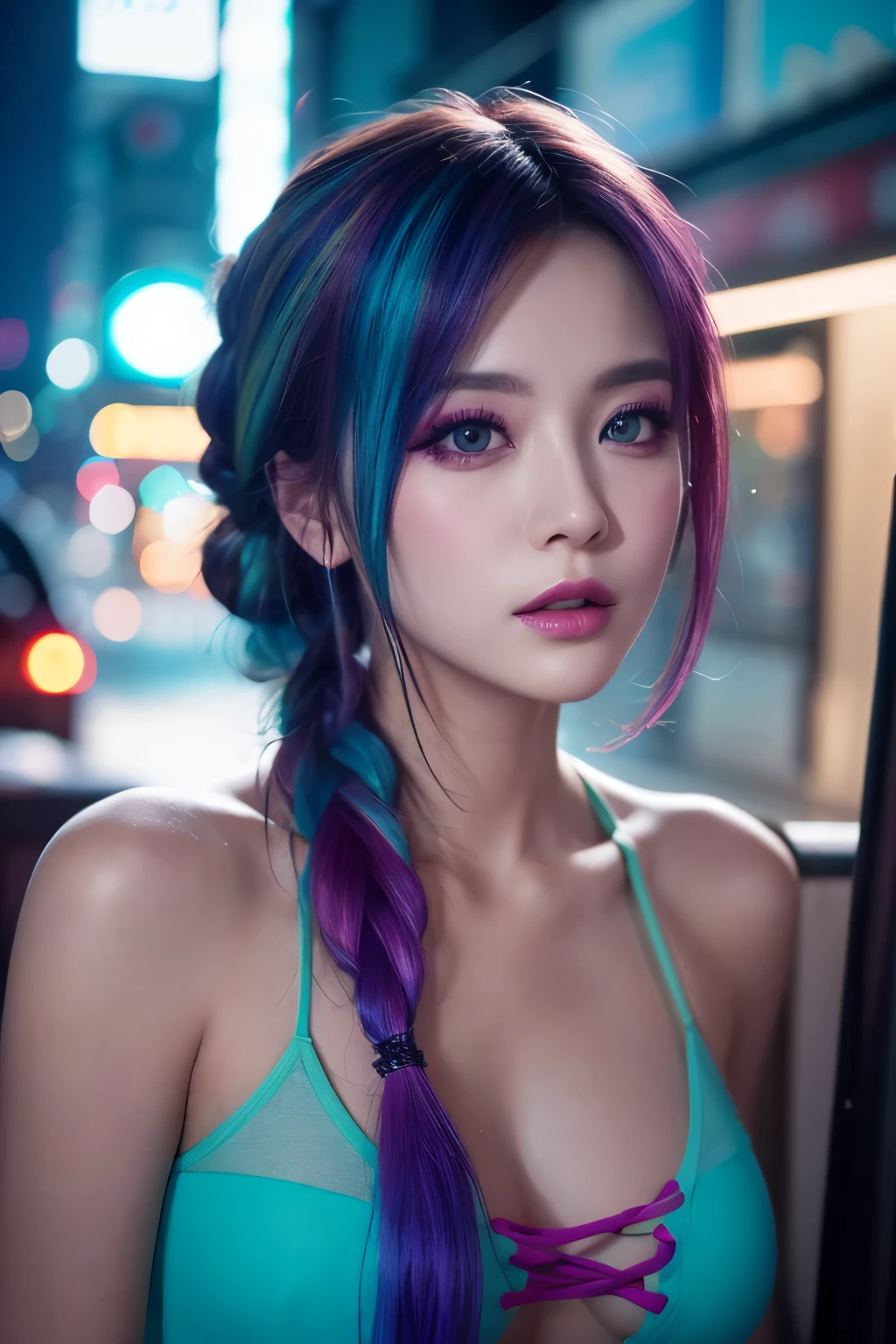 high quality, real、High resolution, Realistic、8k、masterpiece, detailed.impressive, Cutting-edge female photography portraits, Looking at the camera、Facing forward、cyan, and purple, Her vibrant makeup really catches the eye.. Her colorful hair is tied up high, Neon Town