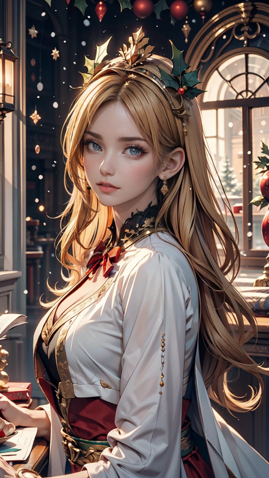 Portrait of a beautiful empress, Blonde, Perfect Blue Eyes, wonderful, An incredibly impressive large Christmas headpiece, Clothing Santa Robe, All about Christmas, snow, Symmetric, Dramatic studio lighting, Rococo, Baroque, green, Asian, Hyperrealism, close, is&is, Fantasy, Complex, elegant, Very detailed, Digital Painting, Art Station, Octane Rendering, 8k, Concept Art, mat, Sharp focus