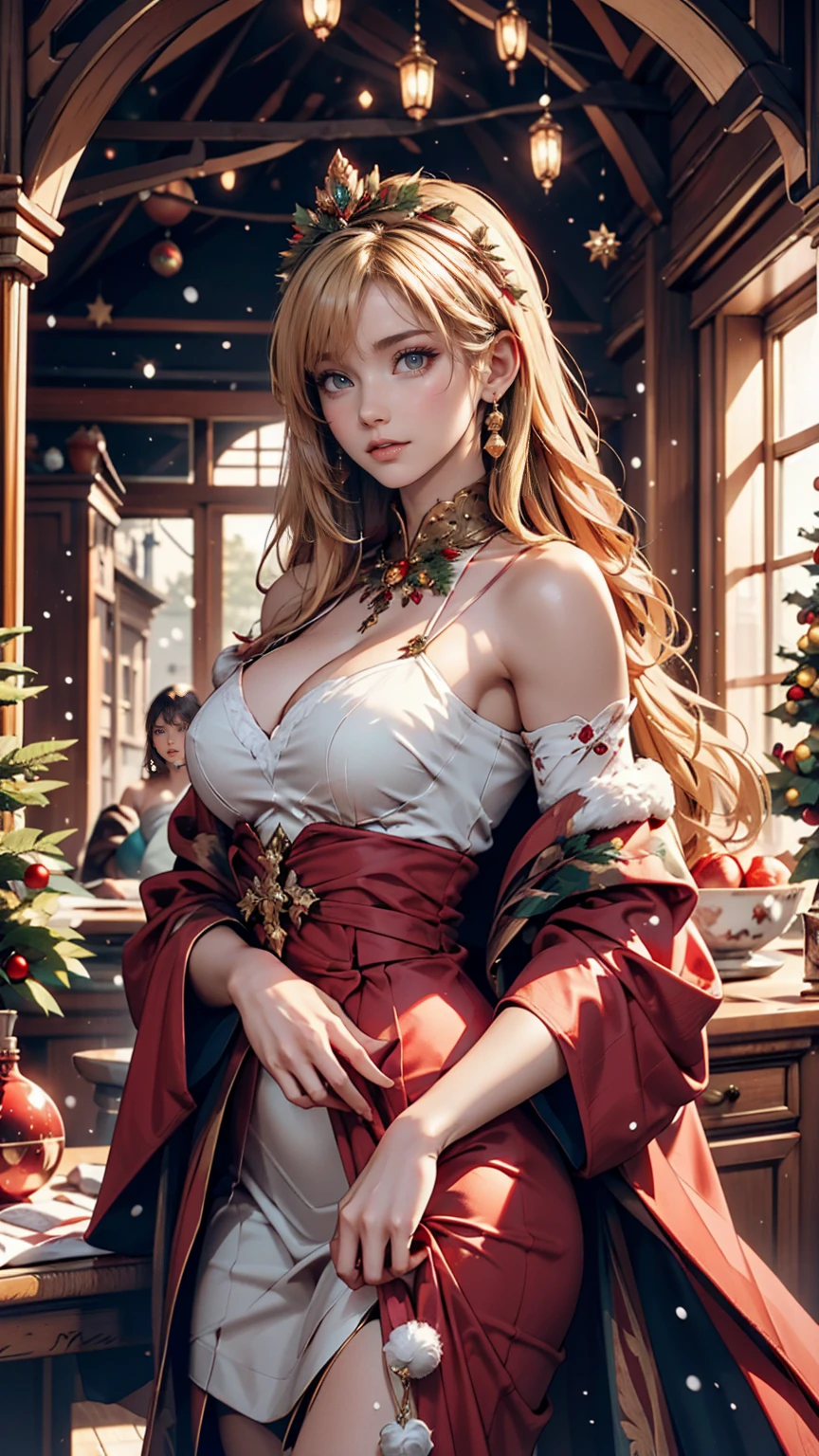 Portrait of a beautiful empress, Blonde, Perfect Blue Eyes, wonderful, An incredibly impressive large Christmas headpiece, Clothing Santa Robe, All about Christmas, snow, Symmetric, Dramatic studio lighting, Rococo, Baroque, green, Asian, Hyperrealism, close, is&is, Fantasy, Complex, elegant, Very detailed, Digital Painting, Art Station, Octane Rendering, 8k, Concept Art, mat, Sharp focus