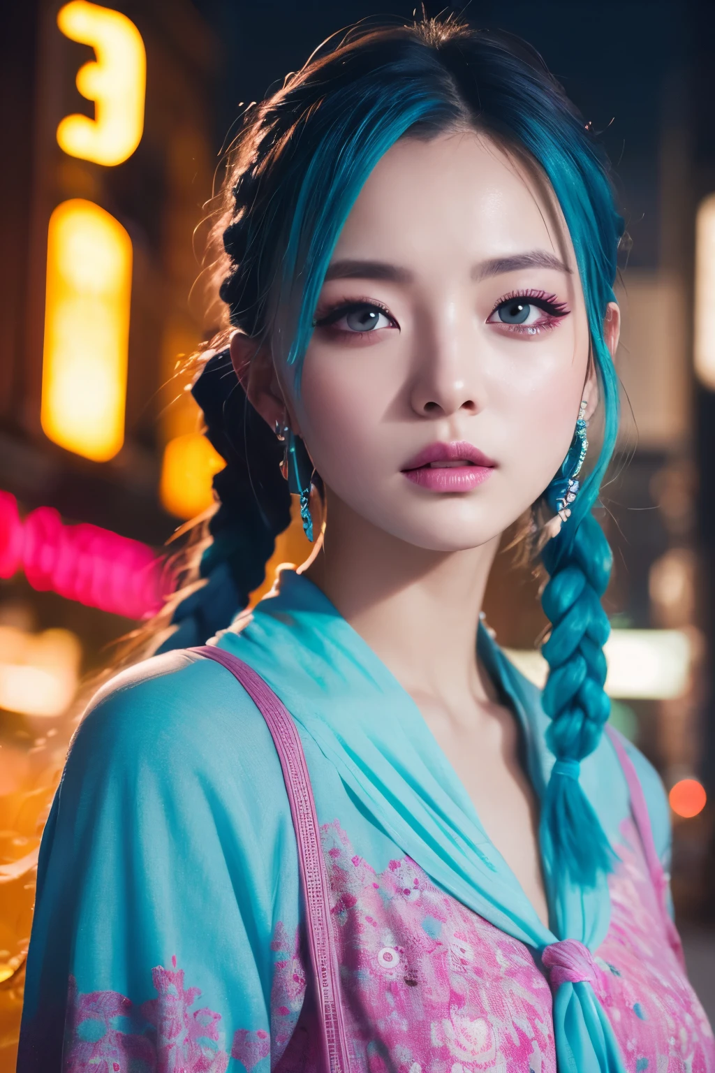 high quality, real、High resolution, Realistic、8k、masterpiece, detailed.impressive, Cutting-edge female photography portraits, Looking at the camera、Facing forward、cyan, and purple, Her vibrant makeup really catches the eye.. Her colorful hair is tied up high, Neon Town